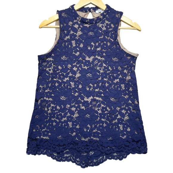 Rose+Olive Tops - Rose + Olive Navy Blue Lace Crochet Mock Neck‎ Sleeveless Lined Top Women's M